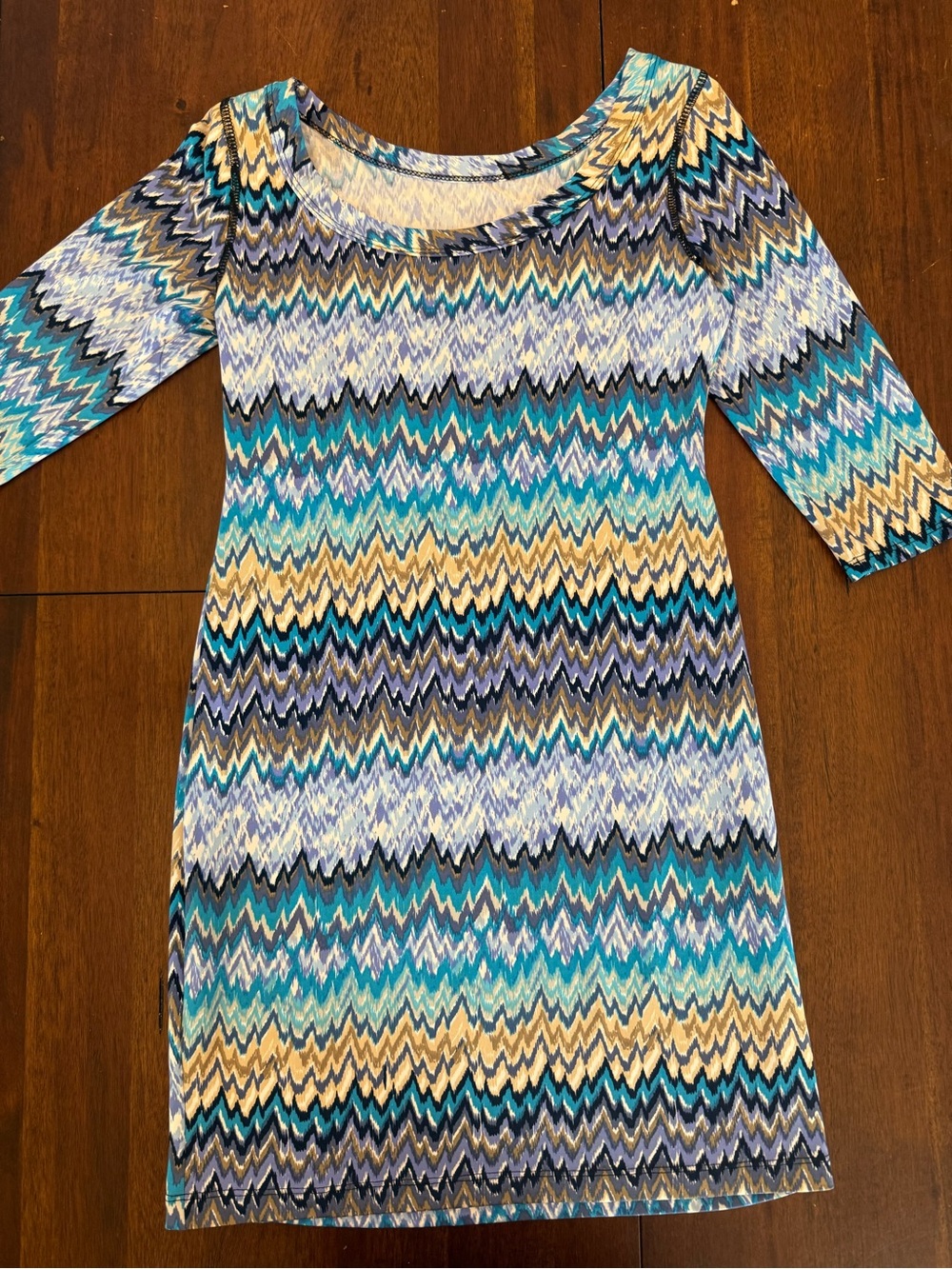 Striped Chevron Scoop-Neck Dress in Teal & Blue - Unbranded